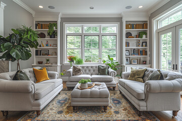 Inviting Parlor with Titanium-Grey Love Seats – Intersectional Design for Cozy Gatherings