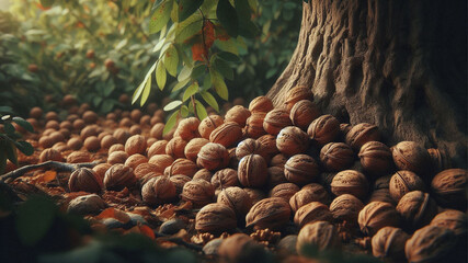 Fototapeta premium A highly detailed, beautifully created HD scene of walnuts scattered beneath a tree