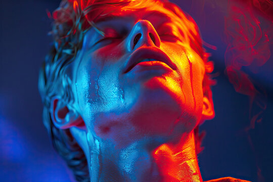 A man's face illuminated with neon and orange glow. Generated by artificial intelligence