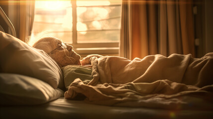 Elderly person resting peacefully in bed with warm sunlight.