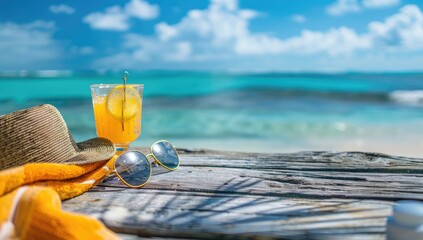 Summer Vacation Essentials on a Beachside Wooden Dock