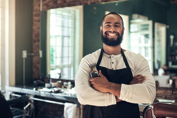 Service, confidence and portrait of man in barbershop with stylist, entrepreneur and small business...