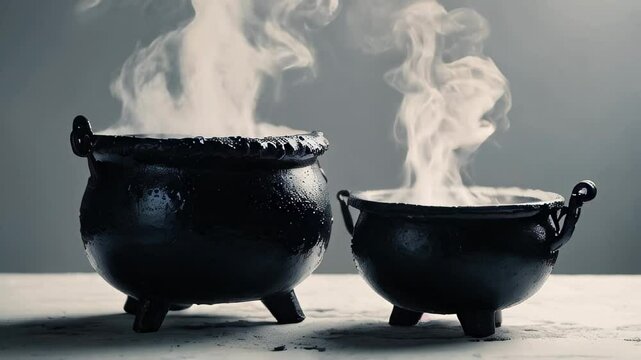 Two black cauldrons sit on a white surface, both steaming, halloween mood