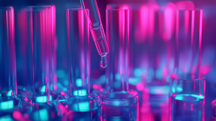 Colorful test tubes with liquid being pipetted in a laboratory.
