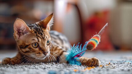 A mischievous bengal cat playing with a dangling feather toy, with a playful glint in its eyes. Suitable for pet care and animal behavior concepts.