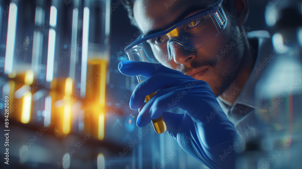Poster scientist in safety goggles conducting an experiment in a laboratory.