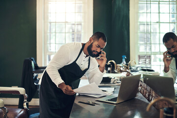 Barber, phone call and man with documents on laptop for financial planning, budget and insurance...
