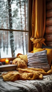 Looped animation of snowfall outside the window. A cozy place to read and relax. Festive winter atmosphere. 4k video