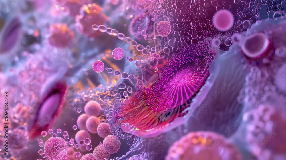 Poster artistic close-up view of microscopic cell structures in vivid colors.