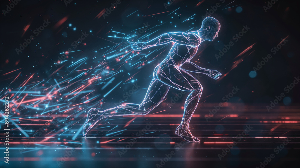 Poster digital human figure running through a matrix of light and data.