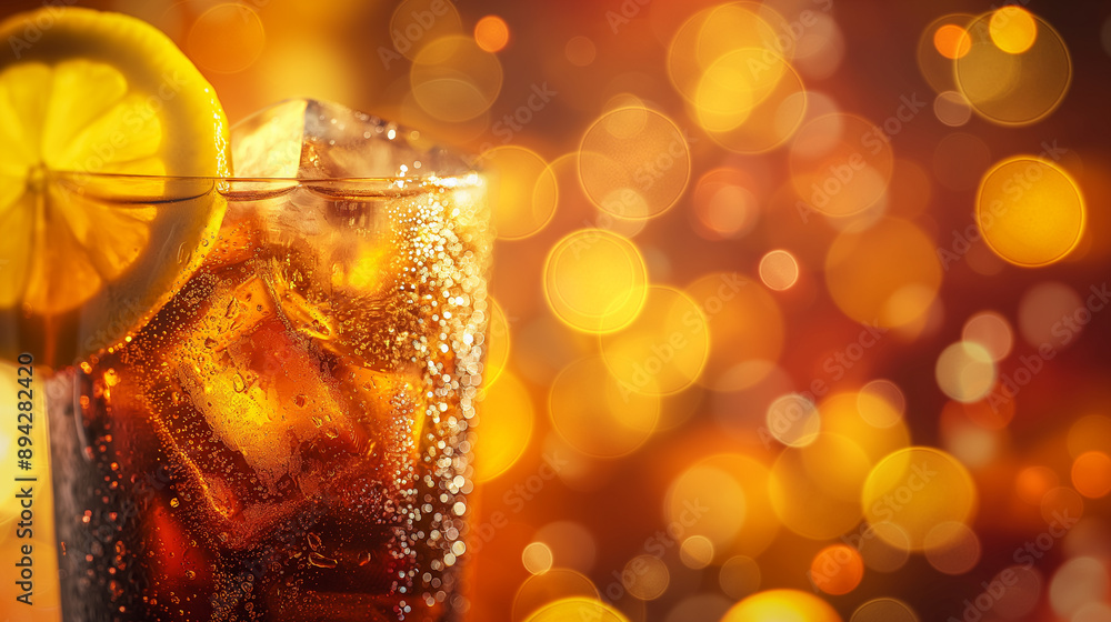Poster refreshing drink with lemon slices and bubbles against a colorful bokeh background.