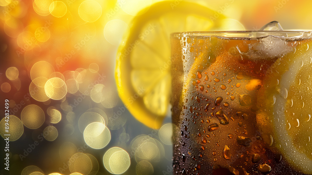 Poster refreshing drink with lemon slices and bubbles against a colorful bokeh background.