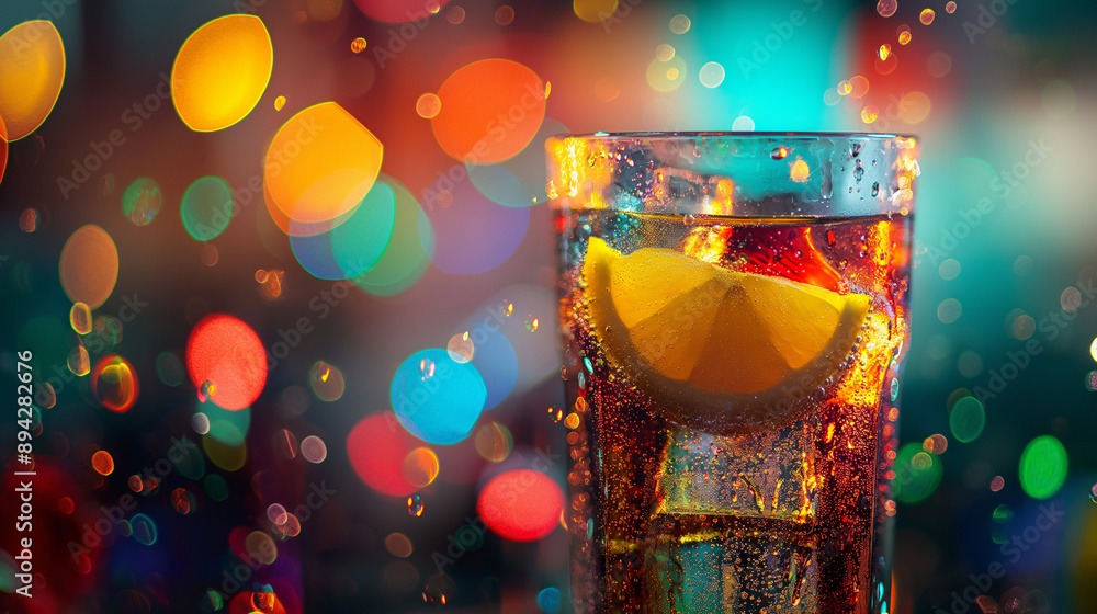 Poster refreshing drink with lemon slices and bubbles against a colorful bokeh background.