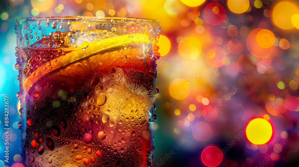 Poster refreshing drink with lemon slices and bubbles against a colorful bokeh background.