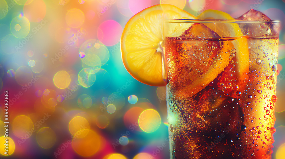 Poster refreshing drink with lemon slices and bubbles against a colorful bokeh background.