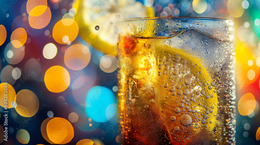 Poster refreshing drink with lemon slices and bubbles against a colorful bokeh background.