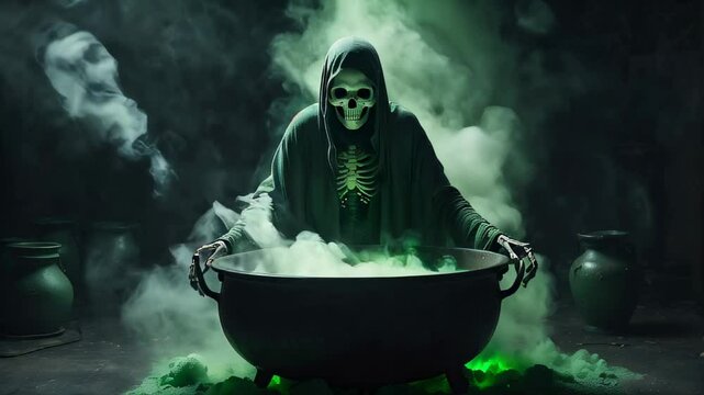 A skeletal figure in a hooded robe stirs a cauldron filled with green smoke, halloween mood
