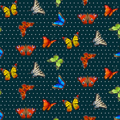 Butterflies on a polka dot background.Vector seamless pattern with bright butterflies on a blue background with white polka dots.