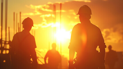 Fototapeta premium Construction workers silhouetted against the sunset at a building site.