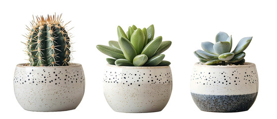 collection Set of 3 different mixed cactus and succulents types of small mini plant in modern ceramic nordic vase pot as furniture cutouts isolated on transparent background