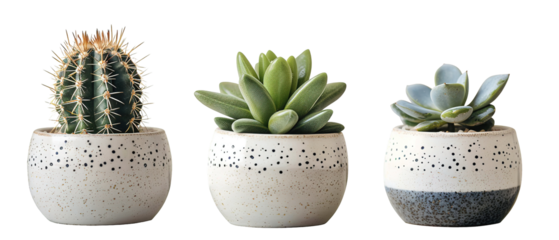collection Set of 3 different mixed cactus and succulents types of small mini plant in modern ceramic nordic vase pot as furniture cutouts isolated on transparent background