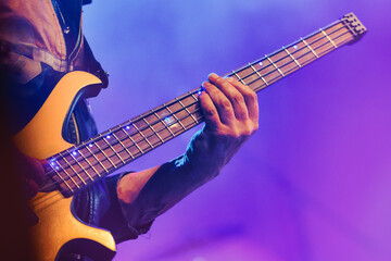 Obraz premium A bassist plays in pop concert