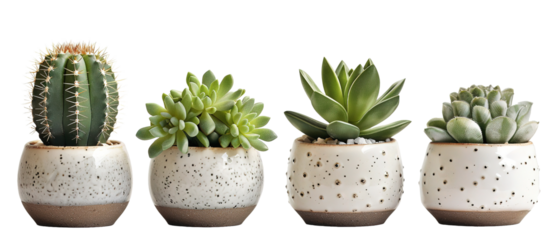 collection Set of 4 different mixed cactus and succulents types of small mini plant in modern ceramic nordic vase pot as furniture cutouts isolated on transparent background