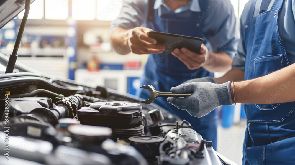 Poster mechanics using a tablet to inspect a car engine in a garage.