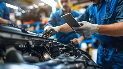 Mechanics using a tablet to inspect a car engine in a garage.