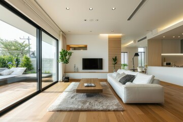 Modern living room with clean lines, ample light, and wooden acc