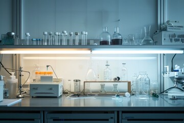 Modern laboratory interior with scientific equipment and glasswa