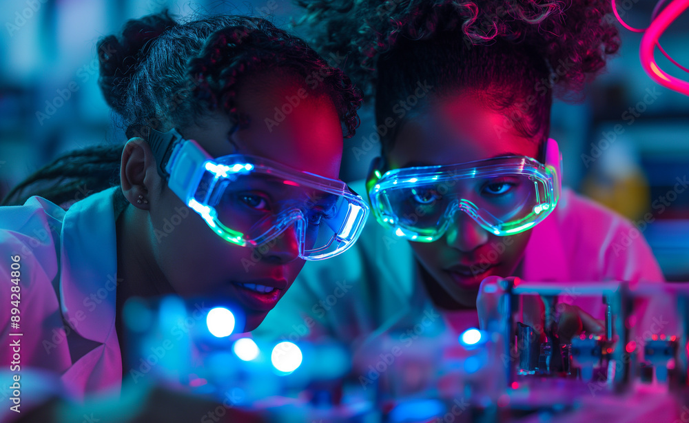 Aufkleber scientists working in a high-tech lab with neon lighting.
