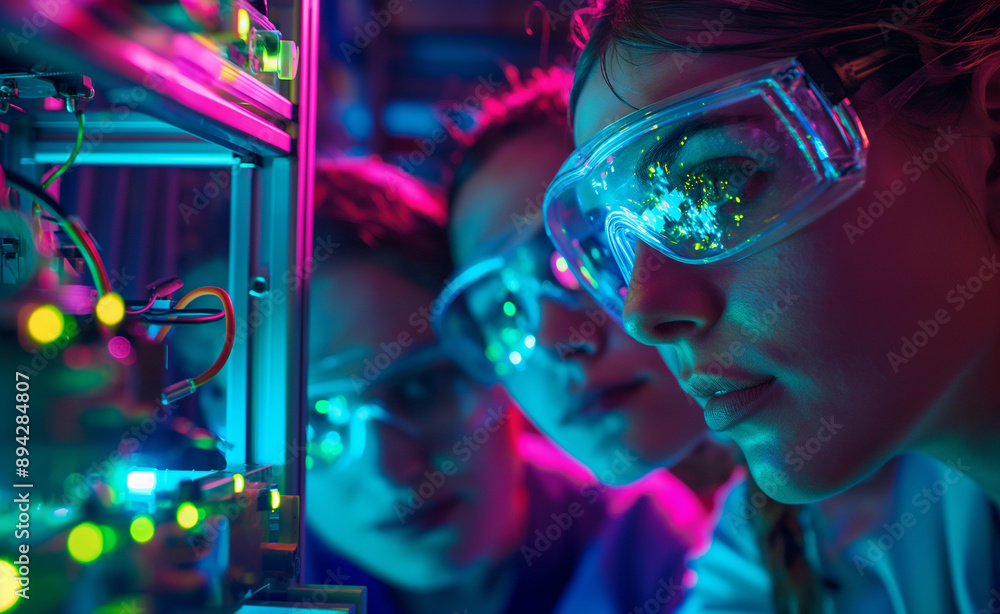 Poster scientists working in a high-tech lab with neon lighting.