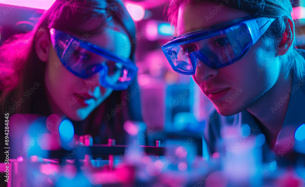 Aufkleber scientists working in a high-tech lab with neon lighting.