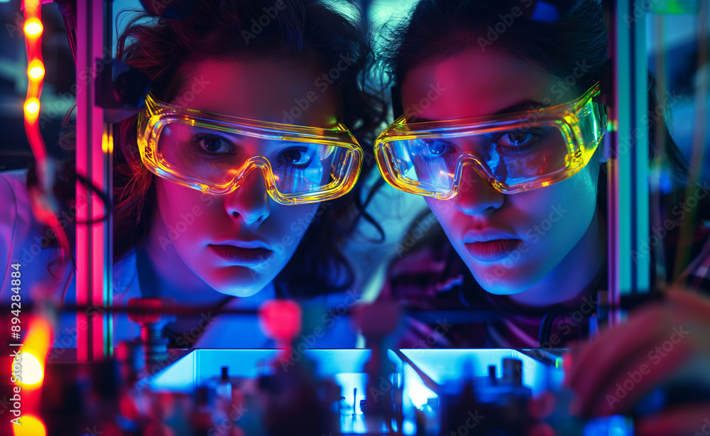 Poster scientists working in a high-tech lab with neon lighting.