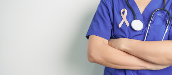 Doctor holding Peach Ribbon for September Uterine Cancer Awareness month. Uterus and Ovaries,...