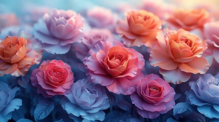 Obraz premium Multicolored Rose Garden, a vibrant fantasy landscape filled with a lush array of roses in various hues, evoking a sense of wonder and beauty.