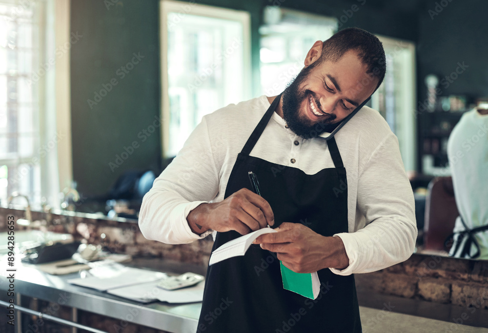 Poster Business, happy barber and man on phone call to schedule appointment, booking reminder and writing invoice. Startup salon, entrepreneur or smile with mobile chat for customer service or communication