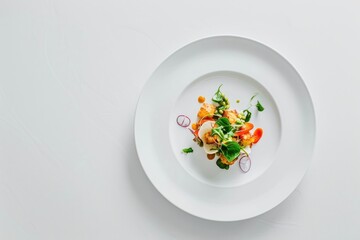 Minimalist gourmet dish on white plate, top view, fine dining