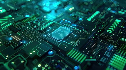 Fototapeta premium A modern tech-inspired background with digital elements, circuitry patterns, and a futuristic color scheme of neon blues and greens