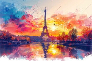 Vivid artistic depiction of the Eiffel Tower with radiant colors and splatter effects. Paris Olympic games
