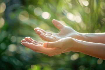 Open hands on nature's bokeh light backdrop