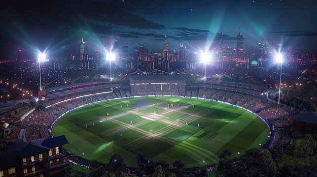 An aerial view of a floodlit cricket stadium filled with spectators, showcasing the lively nighttime match and surrounding cityscape.
