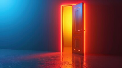An open door glowing with red and yellow lights in a dark room, creating a mysterious and vibrant atmosphere.