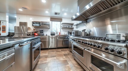 Modern professional kitchen with stainless steel appliances and cookware