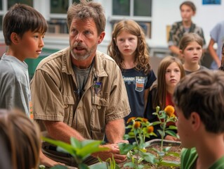 Inspiring Teacher and Enthusiastic Students Engaged in Environmental Science Discussion with High-Resolution Clarity