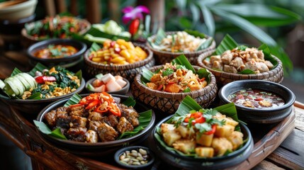 Obraz premium Variety of authentic thai traditional meal set on green banana leaves