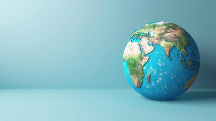 High-resolution globe resting against a blue background, focusing on continents and oceans, representing global geography.