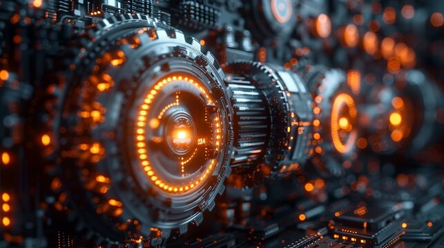 Abstract industrial sci-tech network with complex digital patterns and mechanical elements highlighting innovation. , Minimalism,