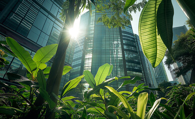 Green plants and trees with sunlight filtering through skyscrapers.